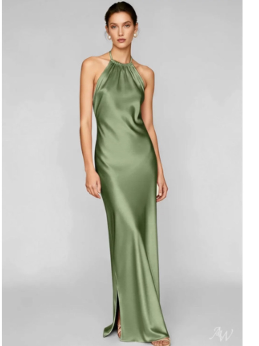 Satin Halter Maxi Dress in Olive Green